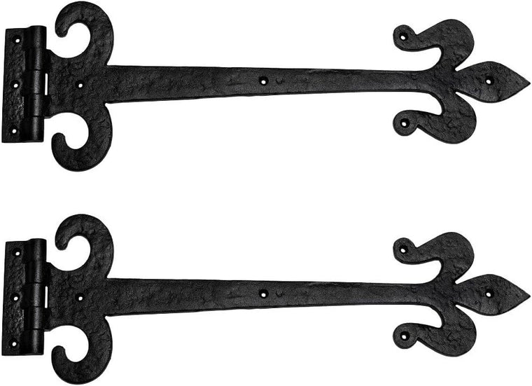 Renovators Supply Manufacturing Black Wrought Iron Door Strap Hinge 18 Long Antique Fleur De Lis Style Rust Resistant Flush Mount Door Hinges for Cabinet Or Barn Doors with Hardware Pack of 2