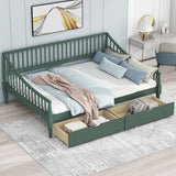 Full Size Wooden Daybed with 2 Storage Drawers and Wood Support Legs, Multi-Functional Full Day Bed wtih Rails on 3 Sides for Bedroom, Living Room and Guestroom, Green